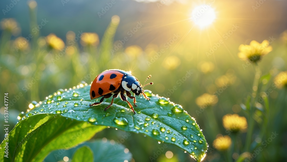 Fototapeta premium Ladybug Crawling on Leaf Covered in Water Droplets at Sunrise