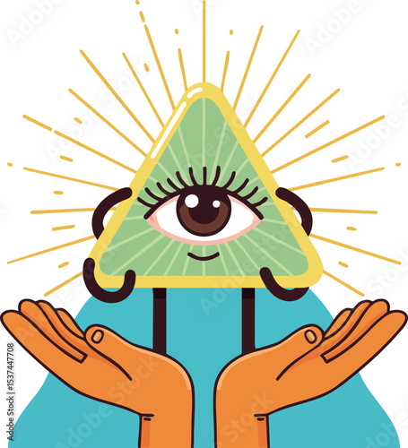 Eye in triangle symbol with glowing rays held by hands vector illustration 
