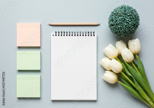 Blank notepad with pastel sticky notes and tulips