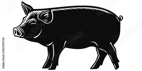 Pig, pork. Vintage logo, retro print, poster for Butchery meat shop, pig silhouette. Logo template for meat business, meat shop. Isolated black silhouette pig on white background. Vector Illustration
