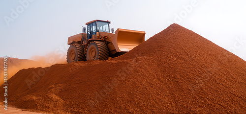 Heavy Equipment Moving Red Dirt. Large earthmover on a stockpile of iron-rich soil.  Dust is raised as machine maneuvers.