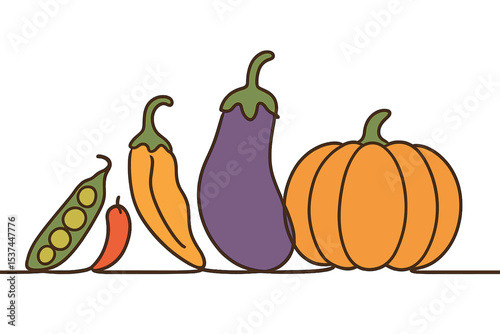 Vector illustration of continuous one line drawing featuring vegetables of varying sizes from small to large
