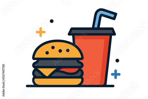 Vector icon of fast food featuring a burger and soda in a simple graphic style with a modern flat cartoon design as a black and white solid glyph symbol