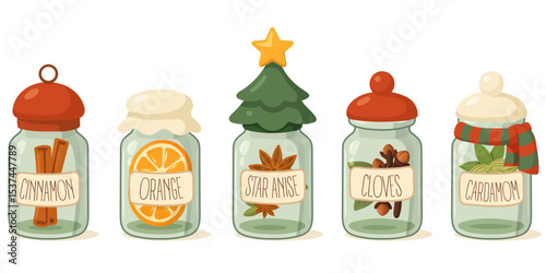 Festive spice jars with cinnamon, orange, star anise, cloves and cardamom
