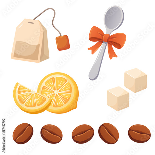 clip art for website menu with teaspoon, sugar, lemon, tea bag and coffee