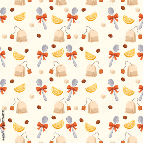seamless pattern for website menu with teaspoon, sugar, lemon and tea bag
