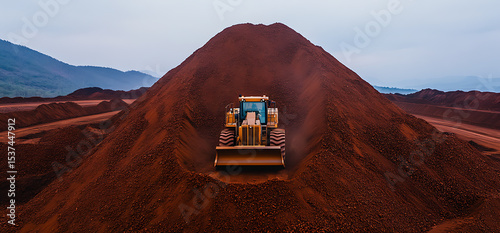 Earthmover working on a large dirt mound in a mining operation. A bulldozer sits in front of an even bigger pile of soil, ready to move massive earth for industrial construction.