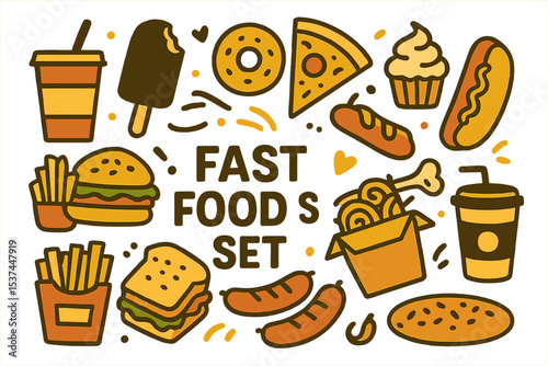 A fast food collection is depicted in a monochrome sketch featuring street food, beverages, sweets, baked goods, sandwiches, pizzas, Chinese noodles, and sausages