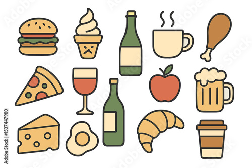 A collection of minimalist hand-drawn vector illustrations featuring food and drink is available for use in art, postcards, branding, and logo design, as well as backgrounds