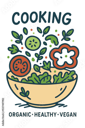 Vector illustration of a fresh vegetable salad in sketch line style, representing a healthy and organic cooking concept with vegan and vegetarian dietary options, rich in vitamins and featuring farm