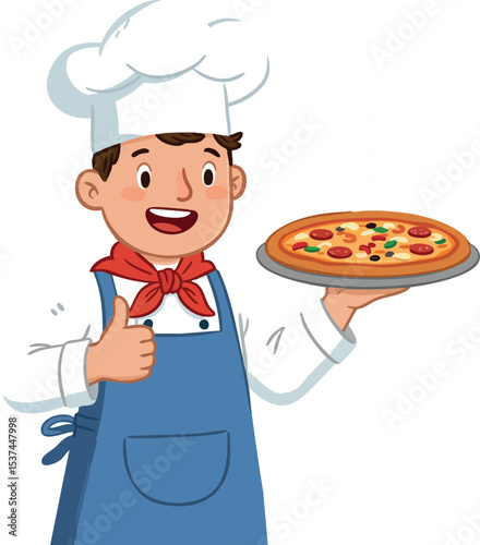 Young male chef holding pizza with thumbs up gesture vector illustration 