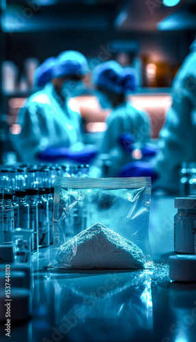 Scientists working in a laboratory with a focus on a powder sample in a sealed bag photo