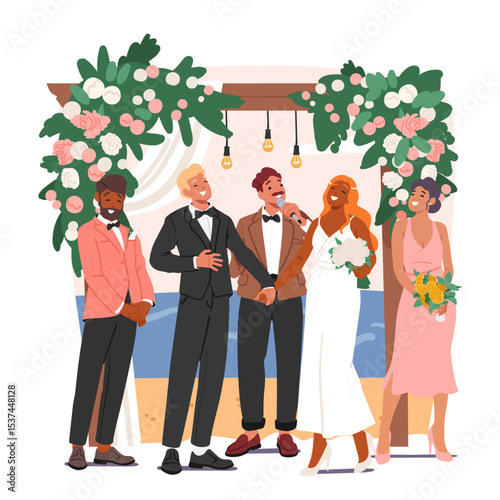 Wedding ceremony outdoor setup scene with groom and bride wearing traditional festive clothes