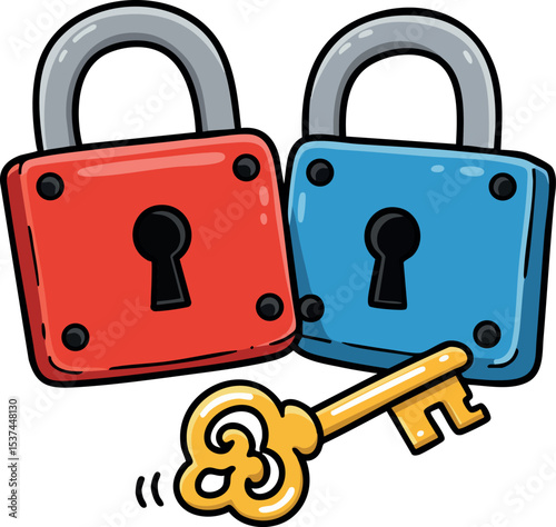 Red and Blue Padlocks with Gold Key Security Concept Illustration Vector 