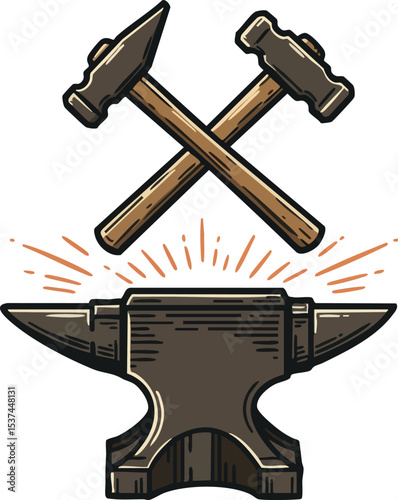 Blacksmith anvil with crossed hammer and sledgehammer vector illustration for metalworking design 