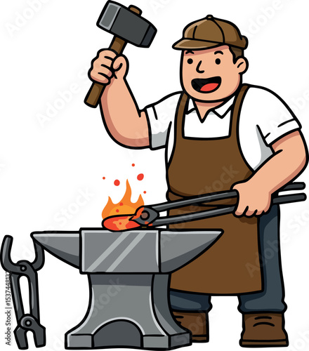 Blacksmith forging hot metal on anvil with hammer cartoon vector illustration 