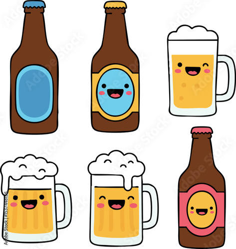Cute beer bottles and mugs with faces vector illustration in cheerful style 