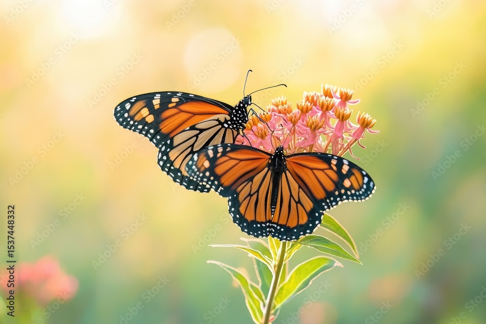Obraz premium Two monarch butterflies gracefully perched on a vibrant cluster of pink and orange flowers, bathed in soft, golden light.