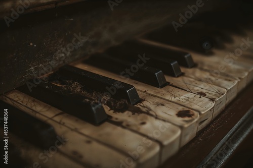 Close-up. The keys of an old piano on the street