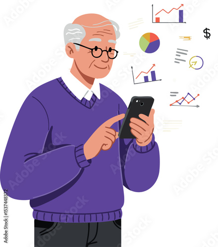 Senior man using smartphone with financial charts and graphs vector illustration in purple sweater 