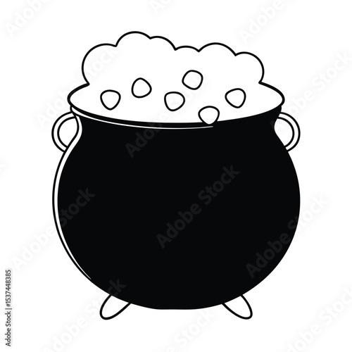 A whimsical illustration of a cauldron overflowing with colorful candies and sweets