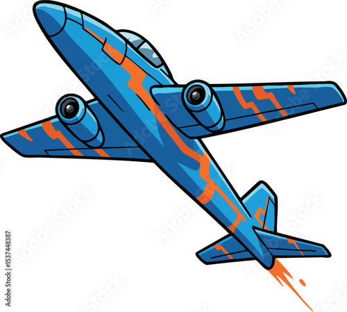 Blue and orange jet airplane flying with lightning design vector illustration 