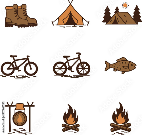 Camping and Outdoor Adventure Icons with Tent Boots Bicycle and Campfire Vector Set 