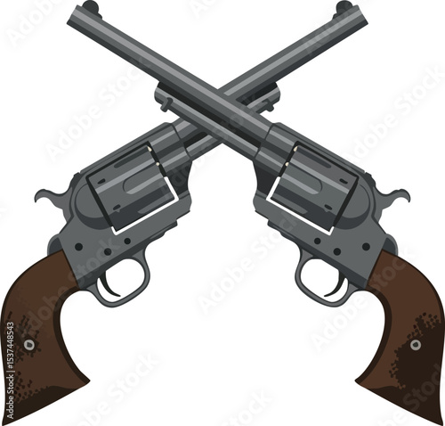 Crossed vintage revolver pistols with brown handles vector illustration for western designs 