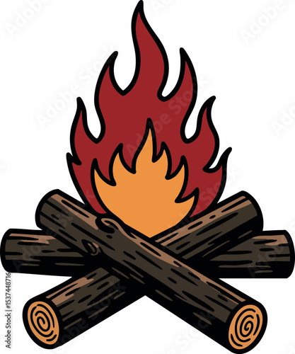 Campfire with burning logs and orange red flames illustration vector design 