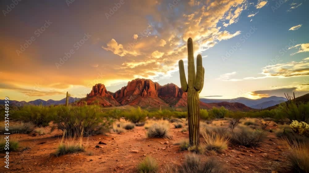 Dramatic desert landscape with towering cactus and red rock formations during golden sunset with vibrant sky, arid environment, and sparse vegetation.