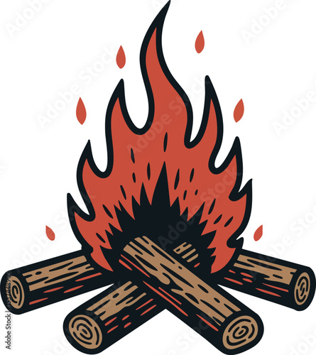 Campfire with burning logs vector illustration in warm orange and black colors