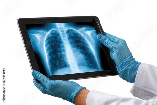 Doctor holding tablet with chest x ray isolated on transparent background
