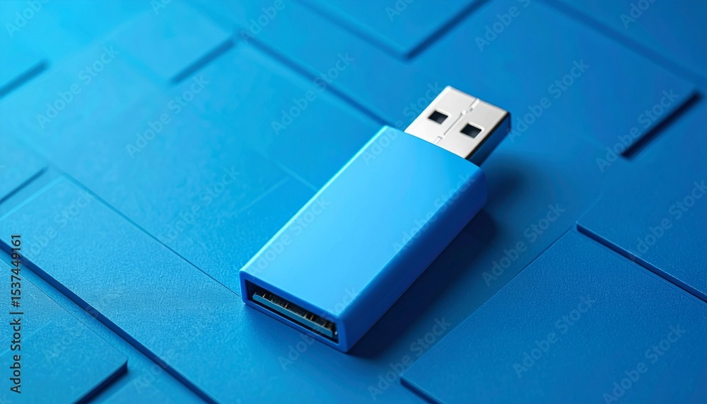 Fototapeta premium Blue USB Flash Drive on Textured Blue Background