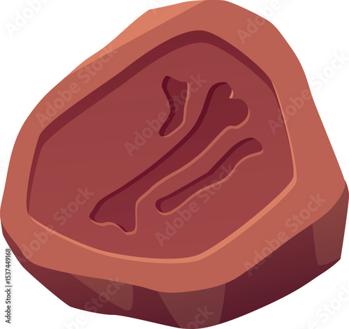 Rune rock with bone old trace vector icon, archeologic fossil dig, ancient rune stone or clay, Paleontology