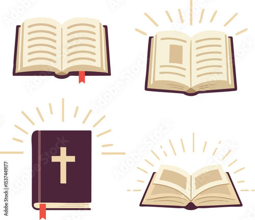 Christian Holy Bible open book symbols with glowing light vector illustration set 