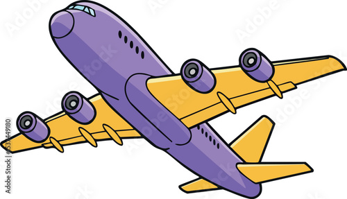 Airplane vector illustration with purple fuselage and yellow wings flying upward 