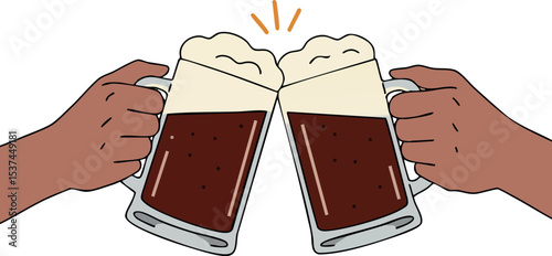 Beer Toast Cheers with Two Hands Holding Glass Mugs Filled with Dark Beer Vector Illustration 
