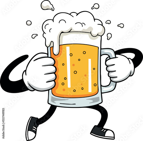 Cartoon beer mug character holding frothy beer glass with bubbles vector illustration 