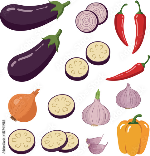 Eggplants onions garlic chili peppers and yellow bell pepper vector illustration of fresh vegetables 