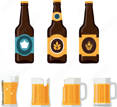 Beer bottles and glasses with foam vector illustration in brown and yellow colors 