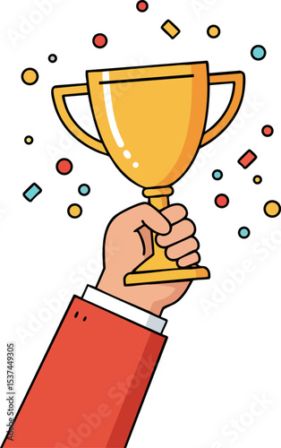 Hand Holding Gold Trophy Cup Celebration with Colorful Confetti Vector Illustration 
