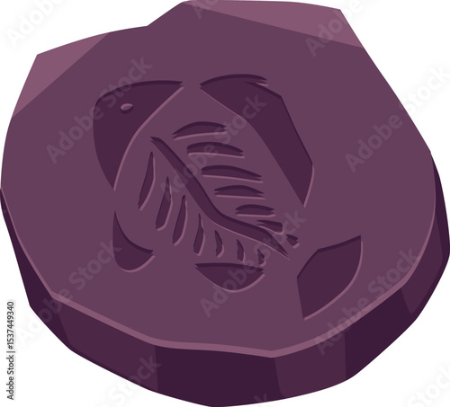 Rune, ancient stone or clay with leaf old trace vector flat icon, archeologic fossil dig rock with engraved plant symbol