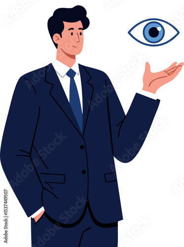 Businessman holding floating eye symbol representing vision and insight vector illustration 
