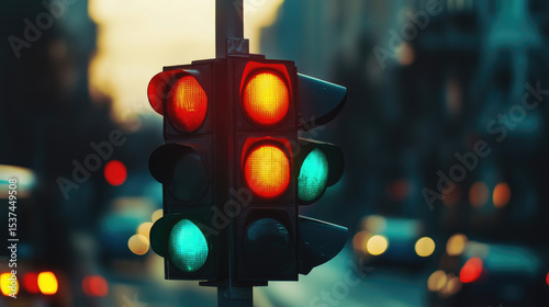 Traffic lights on city road. Signaling device