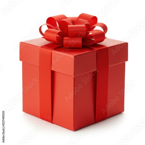 Square red gift box with a large red ribbon bow