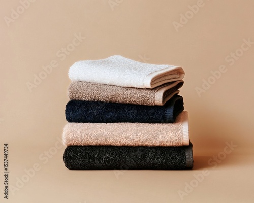 Freshly Folded Towels Neatly Arranged in Soft Tones on a Neutral Background.