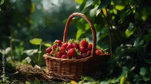 Ripe Strawberries Collected in a Woven Basket Amidst Lush Forest Surroundings.