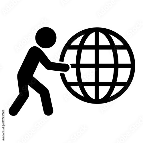 very simple flat and single minimalist Stick Figure Pushing Globe Silhouettes