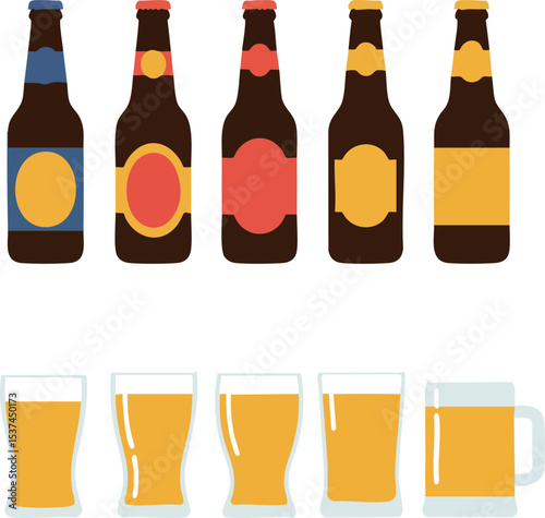 Beer bottles and glasses variety vector illustration with colored labels and transparent backgrounds 