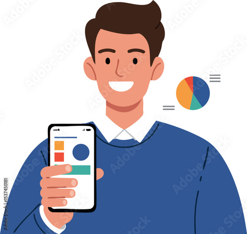 Young man smiling showing mobile phone with colorful pie chart and data analysis vector illustration 